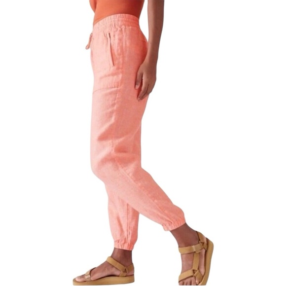 Athleta Retreat Linen Drawstring Waist Joggers Sunset Glow Garden Orange Size 12 - Picture 3 of 16